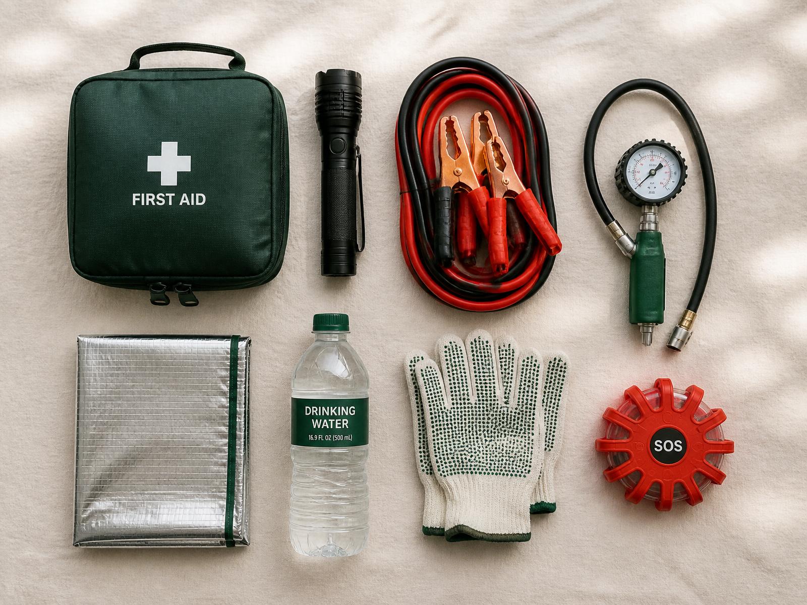 Overhead view of an organized roadside emergency kit.