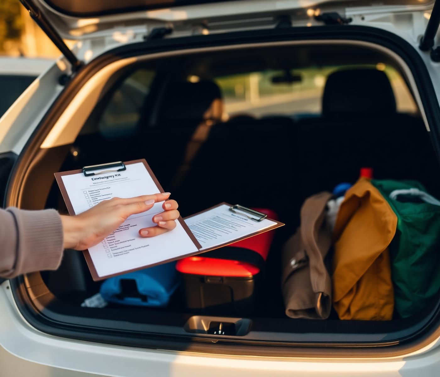 Person checking a vehicle emergency kit